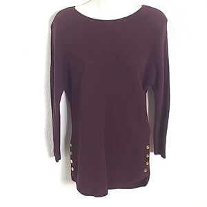 Michael Kors Burgundy Pullover Sweater with 4 Gold Buttons on Sides, Size Small